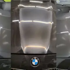 Trzy etapy polerowania maski BMW: hologramy po polerce, ślady po polerce i idealnie gładki lakier.