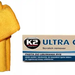 Żółta mikrofibra i pasta K2 Ultra Cut do usuwania rys z lakieru samochodowego.
