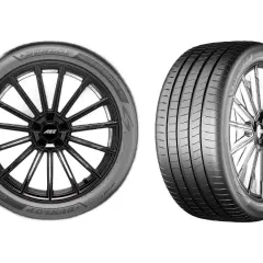Dwa koła z oponami Dunlop Blue Response TG. Jedna opona z felgą AEZ, druga pokazana z boku.