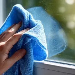 Ręka czyści okno niebieską mikrofibrą. To świetny sposób, by dowiedzieć się, co to jest mikrofibra i jak skutecznie czyści.
