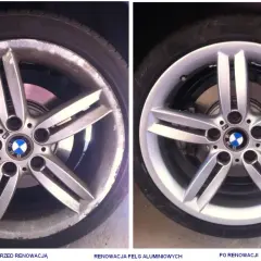 Porównanie felgi aluminiowej BMW przed i po renowacji. Widać znaczącą poprawę wyglądu, co sugeruje, jaki podkład do felg aluminiowych został użyty.