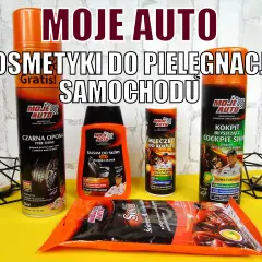 Zestaw kosmetyków do samochodu "Moje Auto": preparat do opon, balsam do skóry, mleczko i preparat do kokpitu, ściereczki.