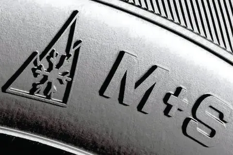 Oznaczenie opon wielosezonowych: symbol płatka śniegu w trójkącie i napisy M+S.