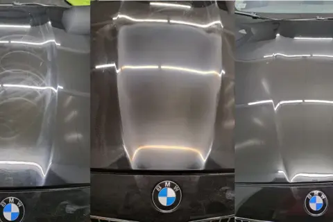 Trzy etapy polerowania maski BMW: hologramy po polerce, ślady po polerce i idealnie gładki lakier.