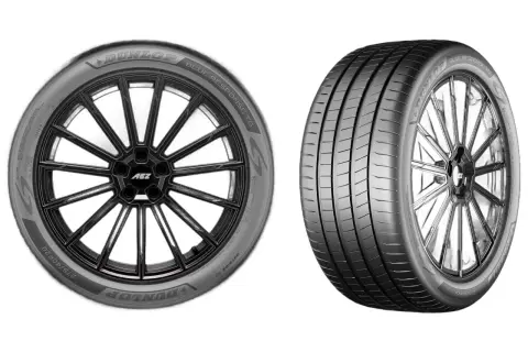 Dwa koła z oponami Dunlop Blue Response TG. Jedna opona z felgą AEZ, druga pokazana z boku.
