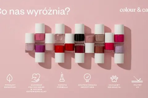 Rząd kolorowych lakierów do paznokci. Co to jest lakier uni? To wegański produkt z czystą formułą, pozyskiwany odpowiedzialnie.