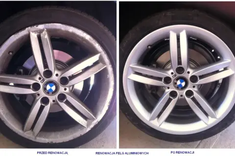 Porównanie felgi aluminiowej BMW przed i po renowacji. Widać znaczącą poprawę wyglądu, co sugeruje, jaki podkład do felg aluminiowych został użyty.