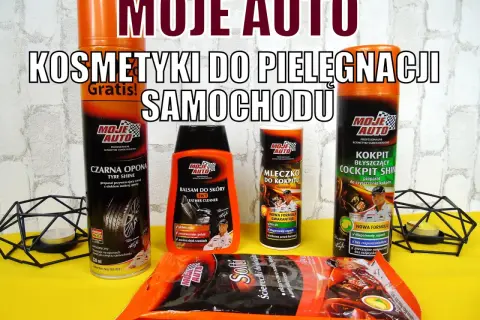Zestaw kosmetyków do samochodu "Moje Auto": preparat do opon, balsam do skóry, mleczko i preparat do kokpitu, ściereczki.
