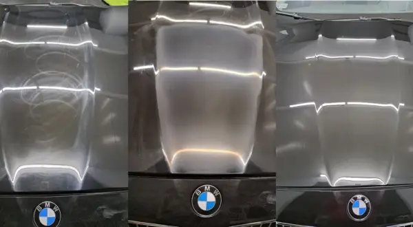 Trzy etapy polerowania maski BMW: hologramy po polerce, ślady po polerce i idealnie gładki lakier.