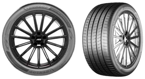 Dwa koła z oponami Dunlop Blue Response TG. Jedna opona z felgą AEZ, druga pokazana z boku.