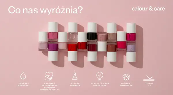 Rząd kolorowych lakierów do paznokci. Co to jest lakier uni? To wegański produkt z czystą formułą, pozyskiwany odpowiedzialnie.