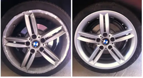 Porównanie felgi aluminiowej BMW przed i po renowacji. Widać znaczącą poprawę wyglądu, co sugeruje, jaki podkład do felg aluminiowych został użyty.