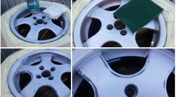 Przygotowanie felgi aluminiowej do malowania: odtłuszczanie i szlifowanie. Jaki papier ścierny do felg aluminiowych? Zielona gąbka ścierna i preparat do usuwania silikonu.