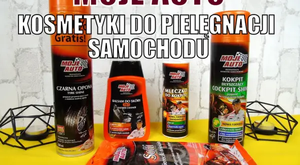 Zestaw kosmetyków do samochodu "Moje Auto": preparat do opon, balsam do skóry, mleczko i preparat do kokpitu, ściereczki.