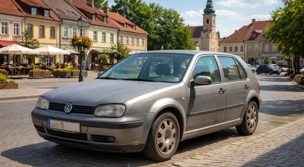 Szary Volkswagen Golf IV na brukowanym rynku. Wypłowiały kolor lakieru świadczy o latach służby. W tle kamienice i wieża kościelna.