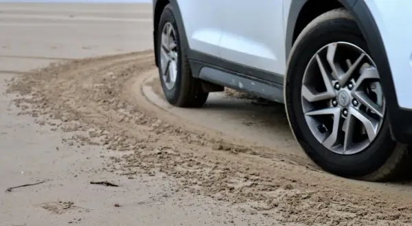 Białe auto na plaży, z widocznymi srebrnymi felgami. Zastanawiasz się, jaki kolor felg do białego auta będzie najlepszy? Te wyglądają świetnie!