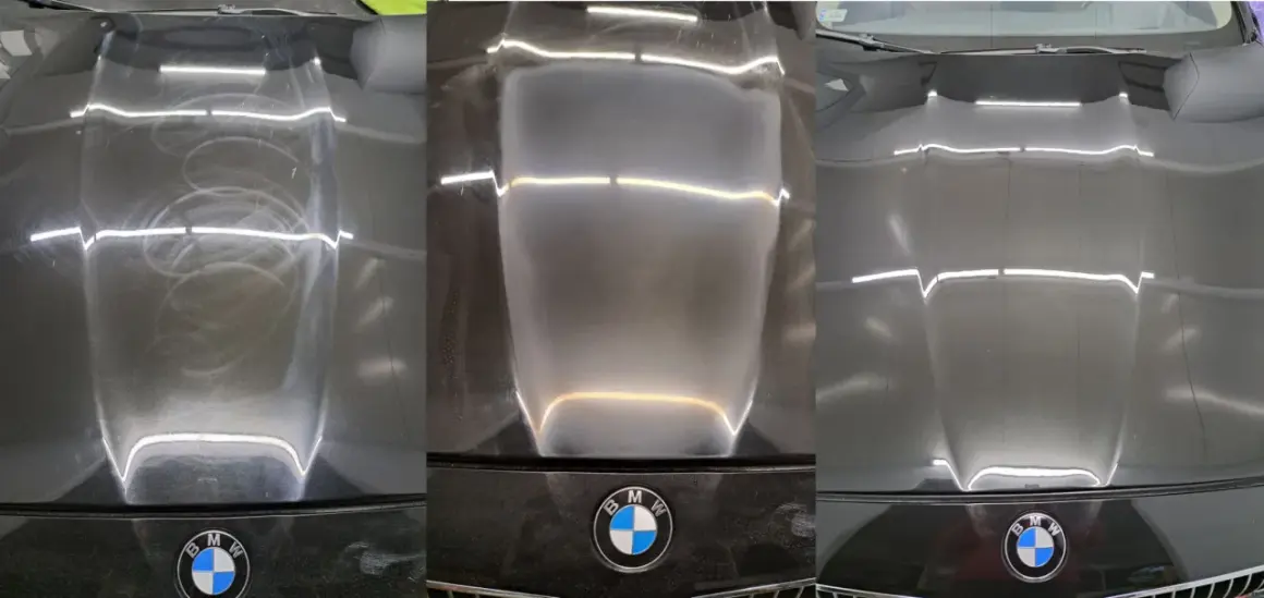 Trzy etapy polerowania maski BMW: hologramy po polerce, ślady po polerce i idealnie gładki lakier.