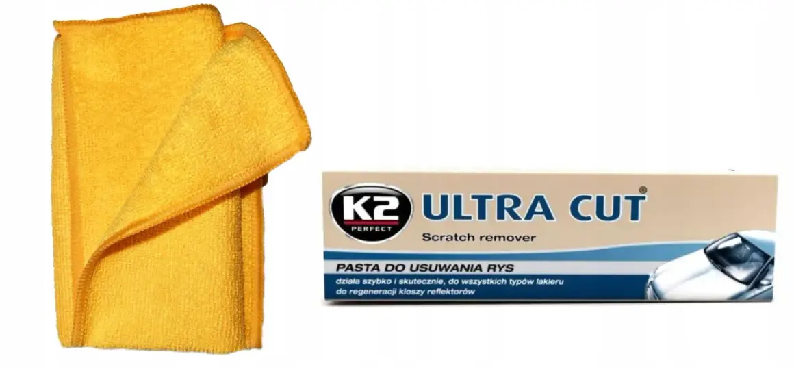 Żółta mikrofibra i pasta K2 Ultra Cut do usuwania rys z lakieru samochodowego.