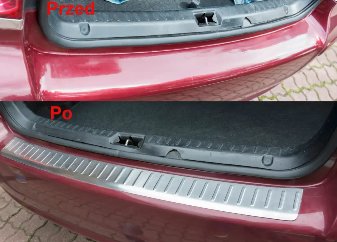 Przed: porysowany, przytarty zderzak plastikowy nielakierowany. Po: zamontowana listwa ochronna na zderzak.