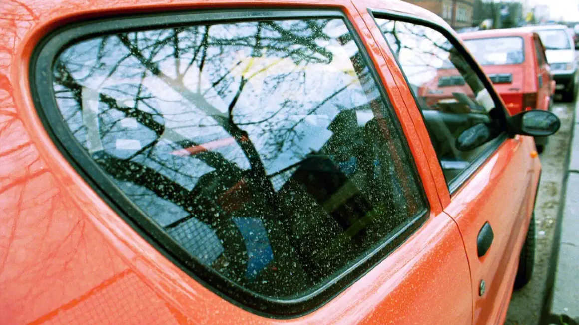 Widok na pomarańczowy samochód z widocznymi śladami żywicy na szybie. Zastanawiasz się, czym zmyć żywicę z szyby?