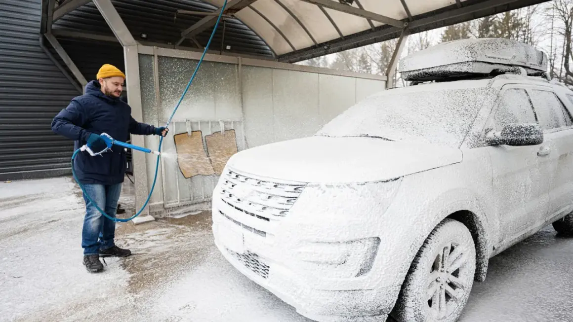 Mężczyzna w zimowej kurtce i czapce myje białe auto na myjni. Czy można myć auto w zimie? Tak, jeśli używasz odpowiednich środków.