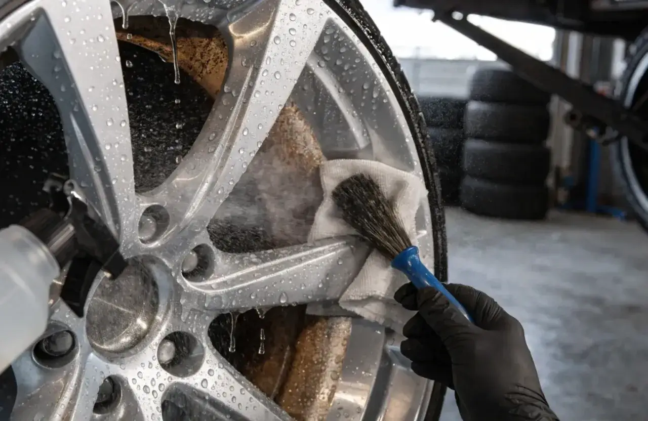 Czyszczenie felgi z utlenionego aluminium. Ręka w czarnej rękawiczce delikatnie czyści felgę pędzelkiem i ściereczką, spryskując ją wodą.