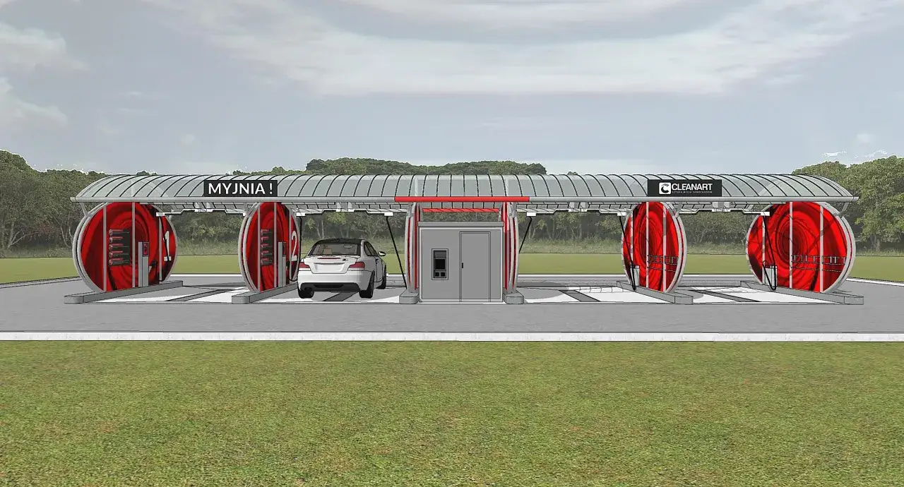 Nowoczesna myjnia bezdotykowa z czerwonymi elementami i białym samochodem. Poznaj myjnia bezdotykowa triki, by lśnił jak nowy!