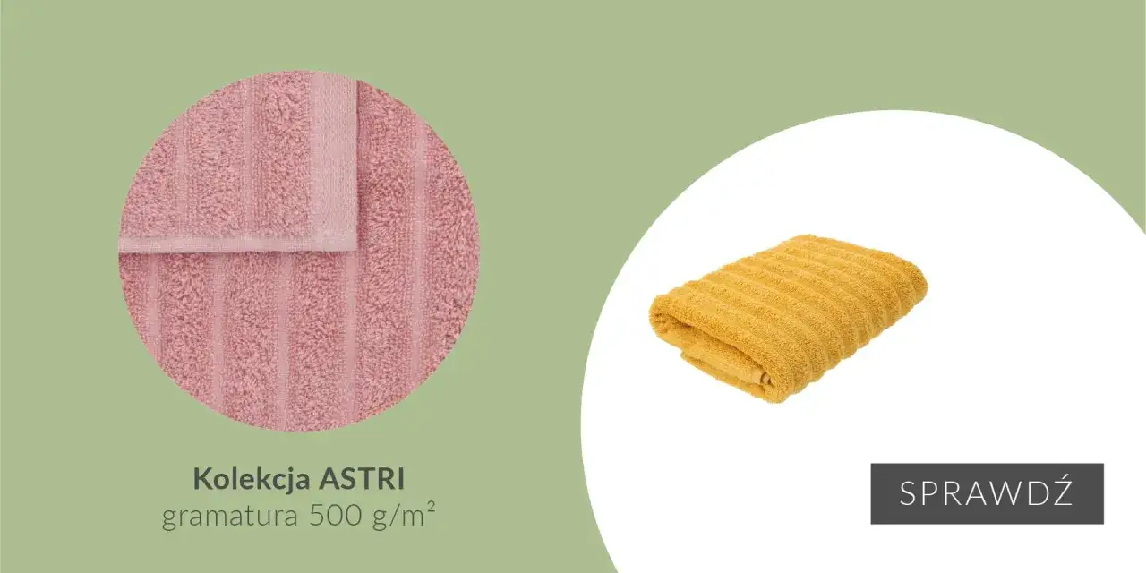 Różowy ręcznik z kolekcji ASTRI, gramatura 500 g/m², sugeruje, że to dobra gramatura ręcznika. Obok żółty ręcznik.