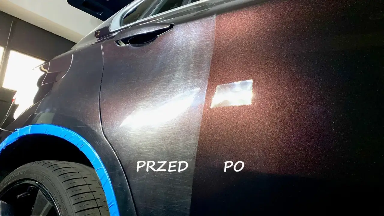 Przed i po polerowaniu auta. Widać różnicę w połysku i usunięciu rys. Zastanawiasz się, ile trwa polerowanie auta?