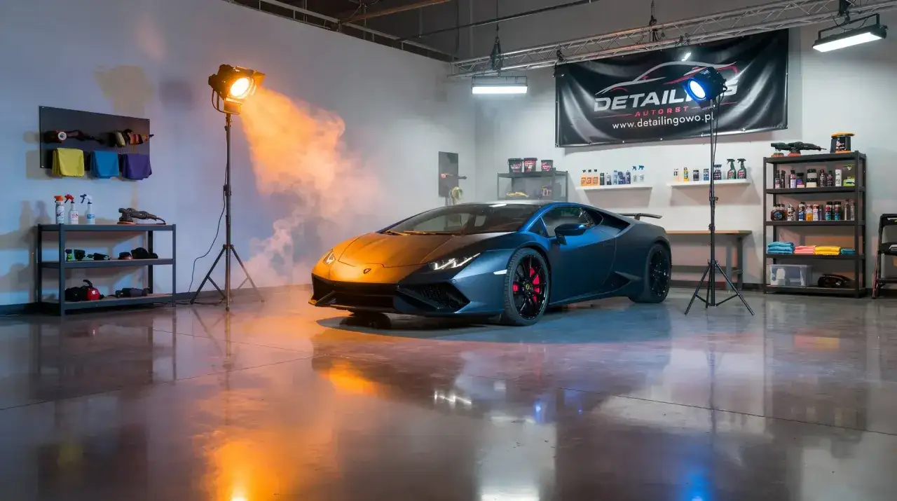 Lamborghini w dymie w profesjonalnym studio detailingowym. W tle półki z kosmetykami samochodowymi i sprzętem.