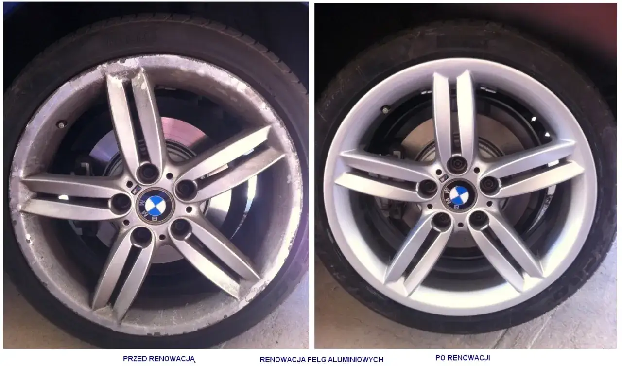 Porysowana felga BMW przed i po renowacji. Po lewej widać liczne uszkodzenia, po prawej lśniąca, odnowiona felga aluminiowa.