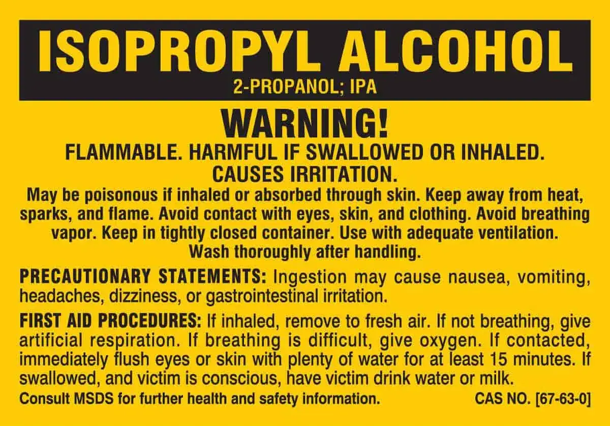 Ostrzeżenie: Alkohol izopropylowy jest szkodliwy, łatwopalny, powoduje podrażnienia. Unikać kontaktu ze skórą, oczami, wdychaniem oparów.