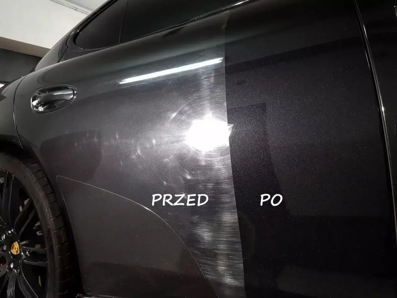 Przed i po polerowaniu: zmatowiały kolor odzyskuje głębię i blask.