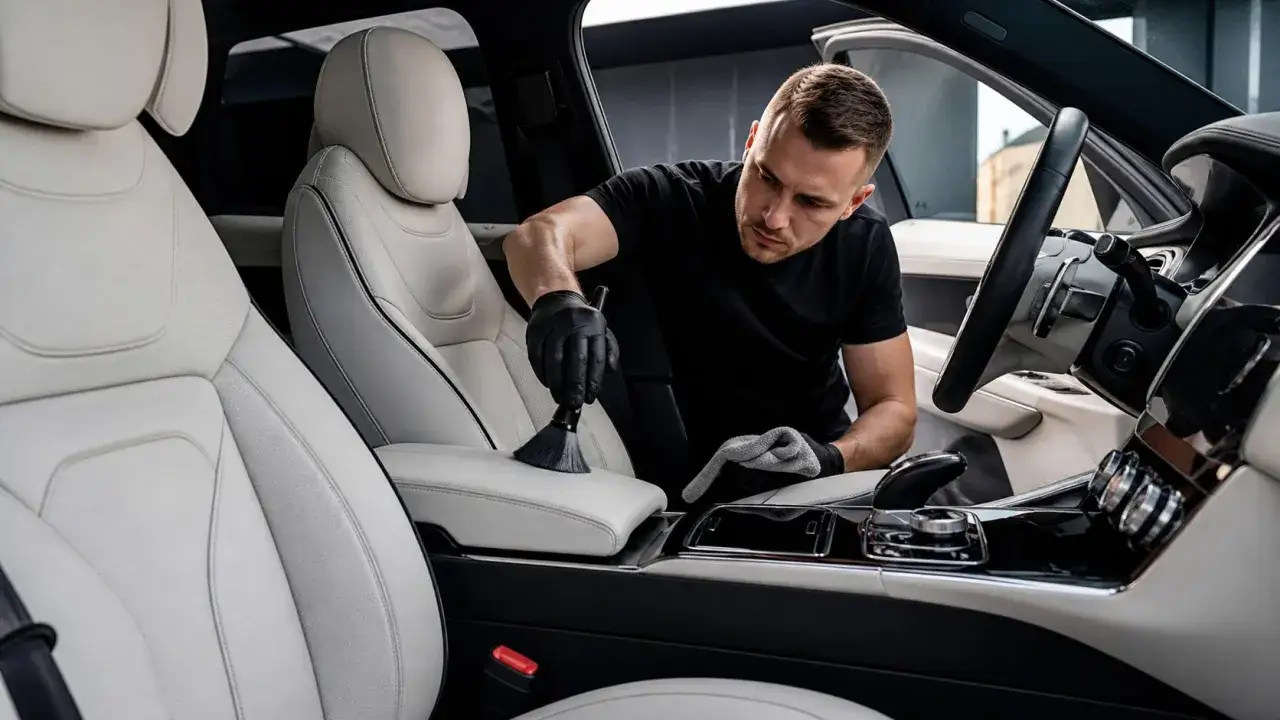 Profesjonalny auto detailing: mężczyzna w czarnej koszulce i rękawiczkach czyści jasną sk&oacute;rzaną tapicerkę samochodu.