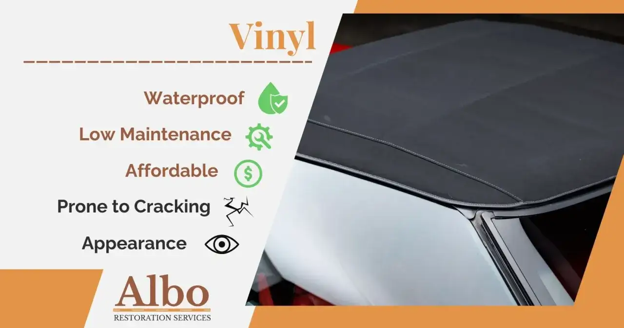 Materiał na dach cabrio: winyl. Wodoodporny, tani, ale podatny na pękanie. Albo Restoration Services.