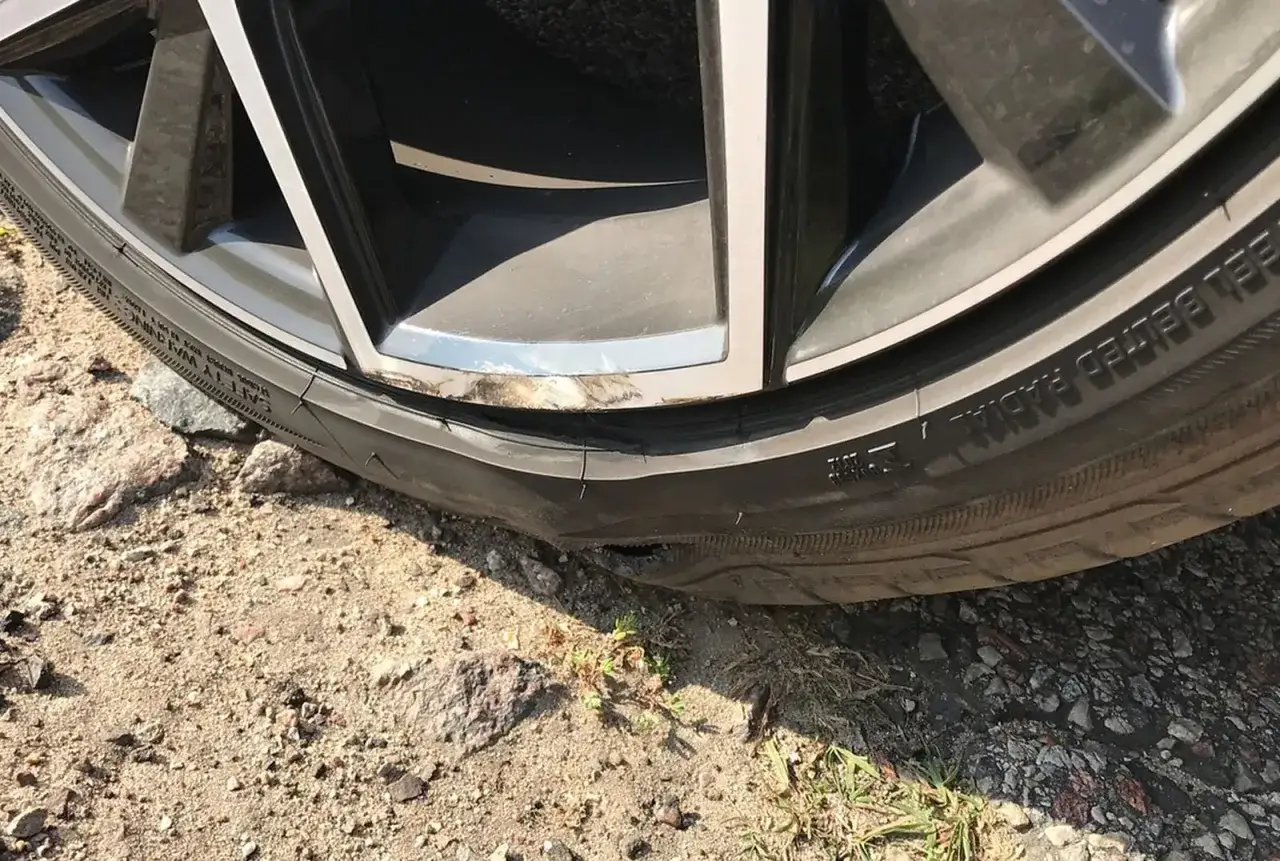 Pęknięta felga aluminiowa z uszkodzoną oponą, leżąca na kamienistym podłożu.
