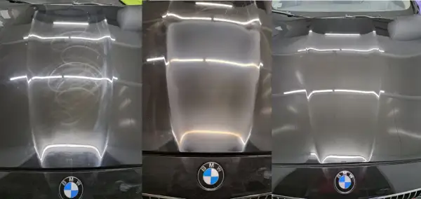 Trzy etapy polerowania maski BMW: hologramy po polerce, ślady po polerce i idealnie gładki lakier.