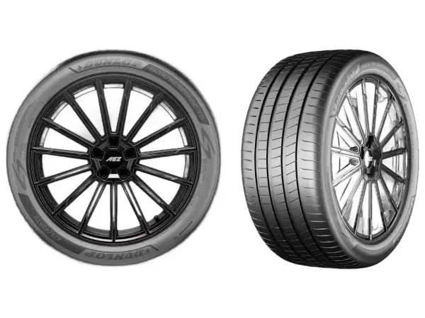 Dwa koła z oponami Dunlop Blue Response TG. Jedna opona z felgą AEZ, druga pokazana z boku.