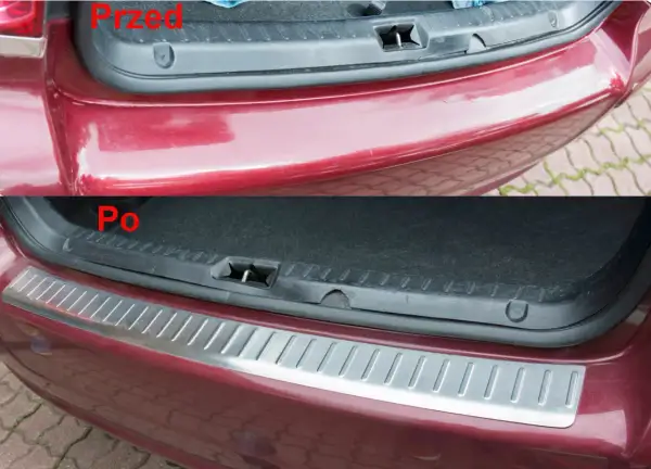 Przed: porysowany, przytarty zderzak plastikowy nielakierowany. Po: zamontowana listwa ochronna na zderzak.