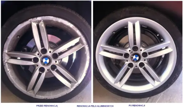 Porównanie felgi aluminiowej BMW przed i po renowacji. Widać znaczącą poprawę wyglądu, co sugeruje, jaki podkład do felg aluminiowych został użyty.
