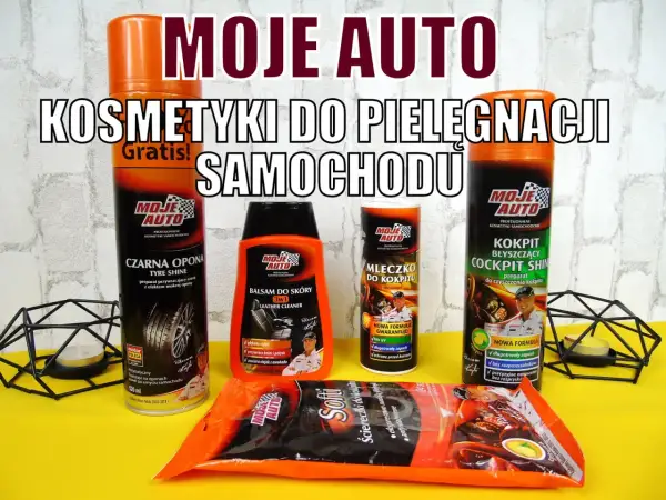 Zestaw kosmetyków do samochodu "Moje Auto": preparat do opon, balsam do skóry, mleczko i preparat do kokpitu, ściereczki.