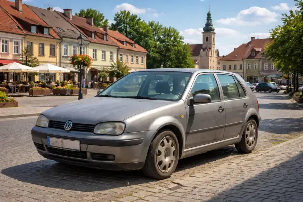 Szary Volkswagen Golf IV na brukowanym rynku. Wypłowiały kolor lakieru świadczy o latach służby. W tle kamienice i wieża kościelna.